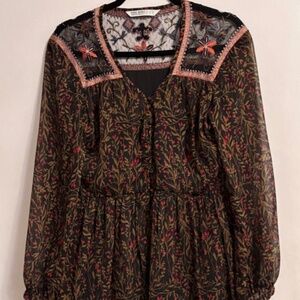 Zara Brown Floral Dress Long Sleeves Button Down Elastic Waist Medium